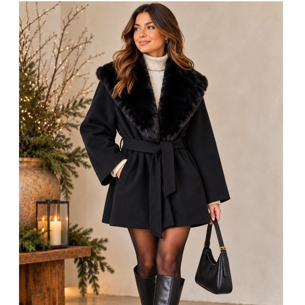 VTG Marvin Richards Faux Fur Collar Wool Wrap Coat Women 8 Black Belted USA Made